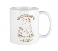 coffee mug with groundhog day logo on front