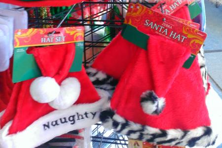 Some of the Santa hats we have on display in the store.