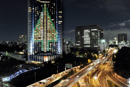 Extreme Christmas Trees -  Illuminated from the wall of Tokyo's Akasaka Grand Prince hotel