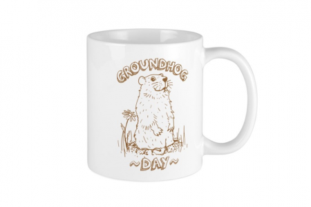 ceramic mug with groundhog day logo
